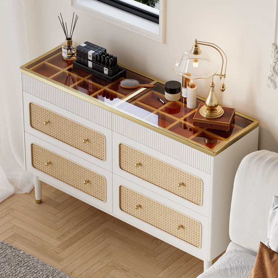HMR - 47"W Rattan 6 Drawer Dresser & Chest with Jewelry Display Storage