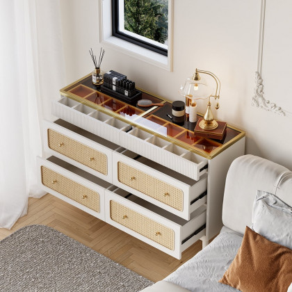 HMR - 47"W Rattan 6 Drawer Dresser & Chest with Jewelry Display Storage
