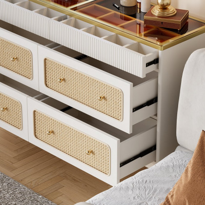 HMR - 47"W Rattan 6 Drawer Dresser & Chest with Jewelry Display Storage