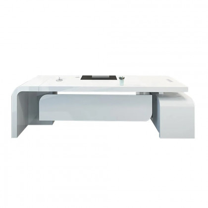 HMR L-shaped Modern Executive Desk & Reclining Leather Office Chair - White, 63.0"L x 63.0"W x 29.9"H, Left Hand