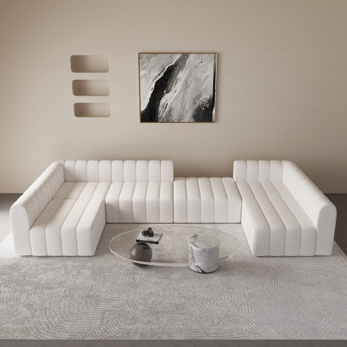 HMR 118.9" Modular Pit Sectional Sofa Set Convertible 6-Seater - White, Cotton Linen