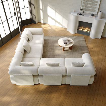 HMR 110" 5-Piece Modular White Velvet L-Shape Sectional Sofa & Wooden Coffee Table - Beige, Style A