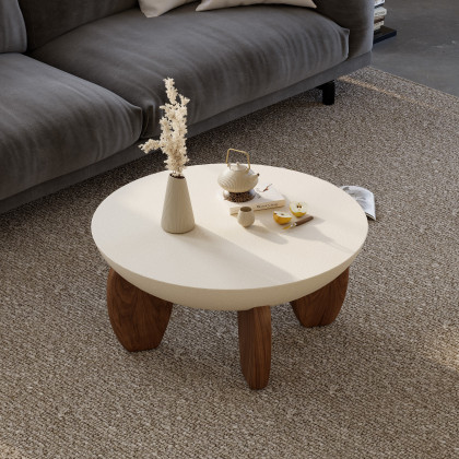 HMR 110" 5-Piece Modular White Velvet L-Shape Sectional Sofa & Wooden Coffee Table - Beige, Style A