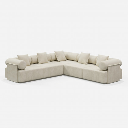 HMR 110" 5-Piece Modular White Velvet L-Shape Sectional Sofa & Wooden Coffee Table - Beige, Style A