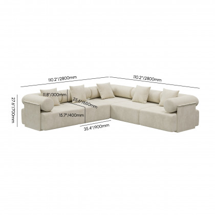 HMR 110" 5-Piece Modular White Velvet L-Shape Sectional Sofa & Wooden Coffee Table - Beige, Style A