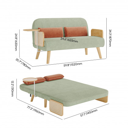 HMR Velvet & Rattan Sleeper Sofa with Tray - Green, Full Size