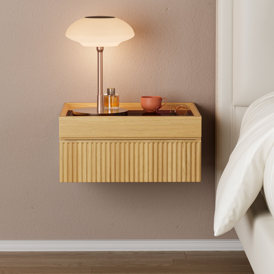 HMR Modern Floating Nightstand with Glass Top & Jewelry Storage Bedside Table - Natural, Single