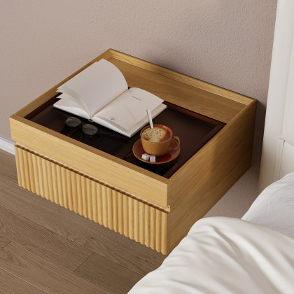 HMR Modern Floating Nightstand with Glass Top & Jewelry Storage Bedside Table - Natural, Single