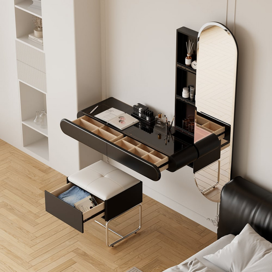 HMR - Modern Black Makeup Vanity Set Mirrored Dressing Table with Jewelry Storage & Glass Top