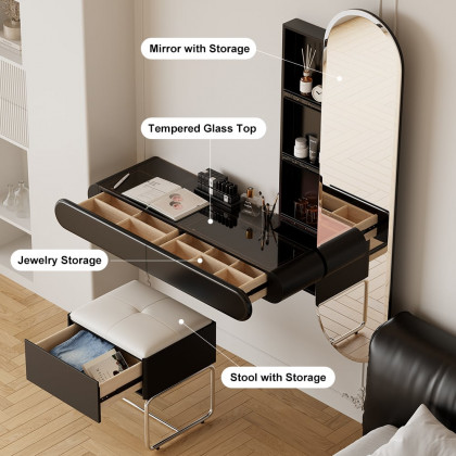 HMR - Modern Black Makeup Vanity Set Mirrored Dressing Table with Jewelry Storage & Glass Top