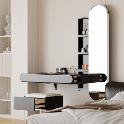 HMR - Modern Black Makeup Vanity Set Mirrored Dressing Table with Jewelry Storage & Glass Top