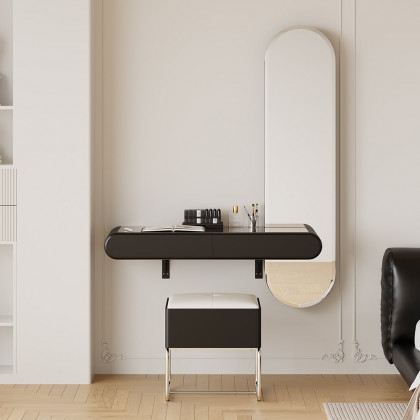 HMR - Modern Black Makeup Vanity Set Mirrored Dressing Table with Jewelry Storage & Glass Top