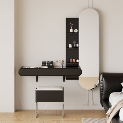 HMR - Modern Black Makeup Vanity Set Mirrored Dressing Table with Jewelry Storage & Glass Top