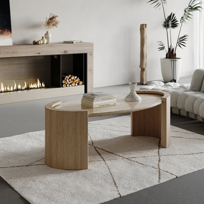 HMR - 43" Japandi Oval Travertine Stone Top Coffee Table