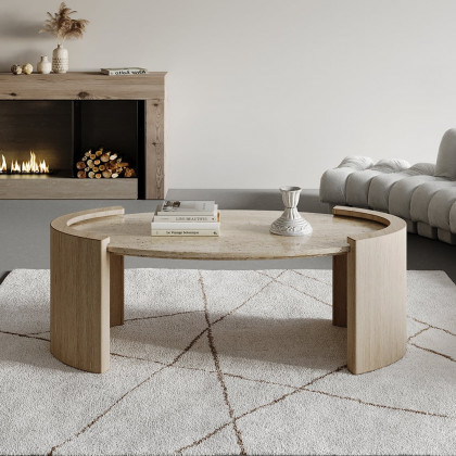 HMR - 43" Japandi Oval Travertine Stone Top Coffee Table