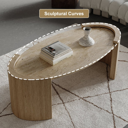 HMR - 43" Japandi Oval Travertine Stone Top Coffee Table