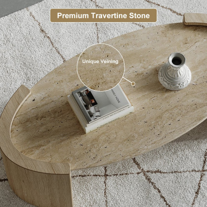 HMR - 43" Japandi Oval Travertine Stone Top Coffee Table