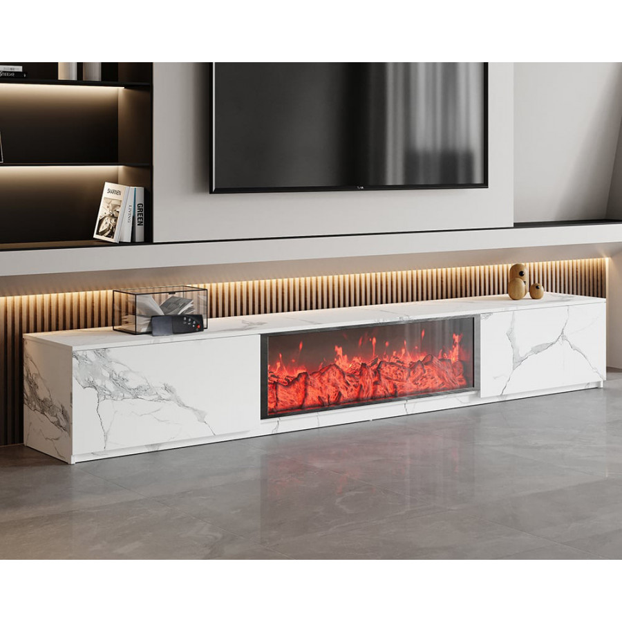 HMR Electric Fireplace TV Stand with 2 Drawers - White, MDF, 70.9"W×15.4"D×15.4"H