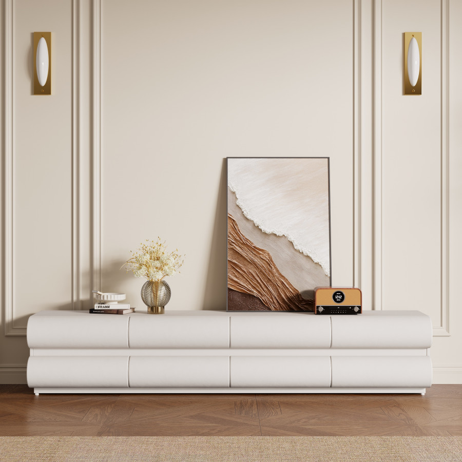HMR - Humply 78.7" Modern White Leather Long TV Stand with 8 Drawers Media Console