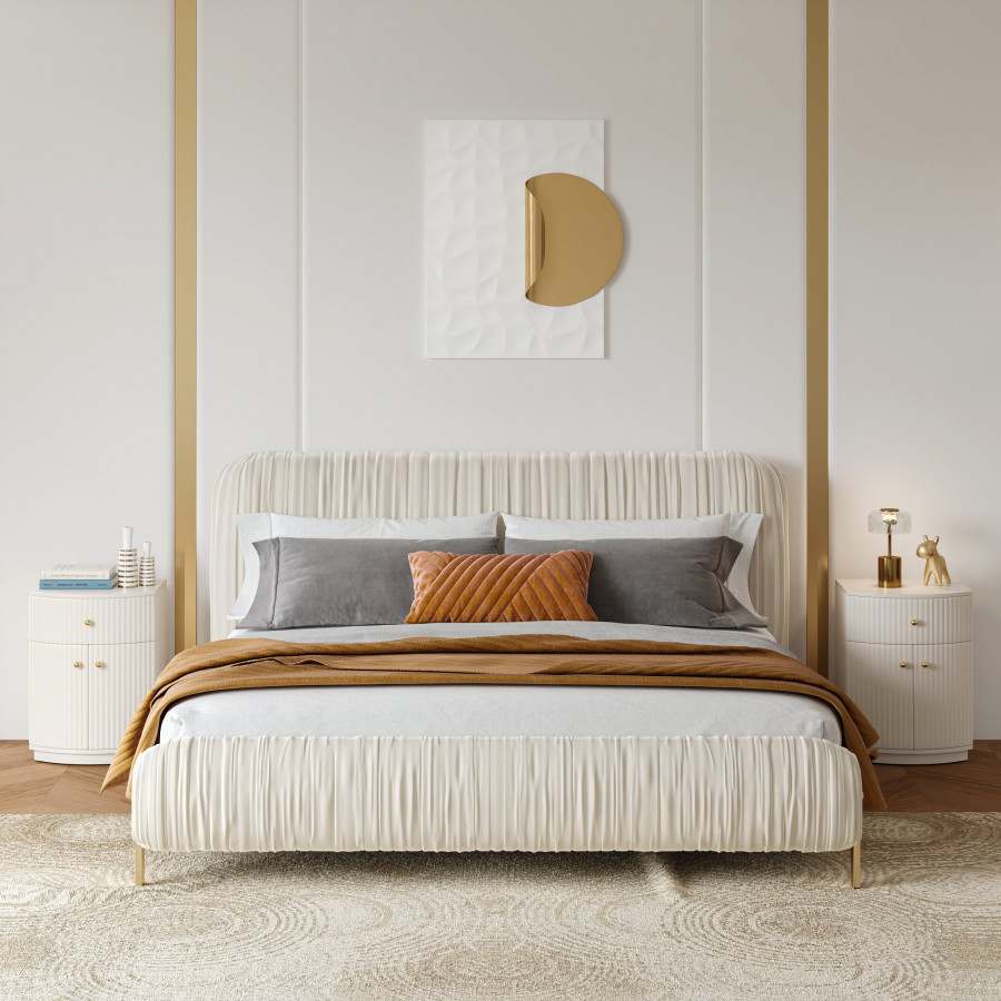 HMR - King Size Velvet Ruched Upholstered Bed Frame with Headboard & 2 Fluted Nightstands Set