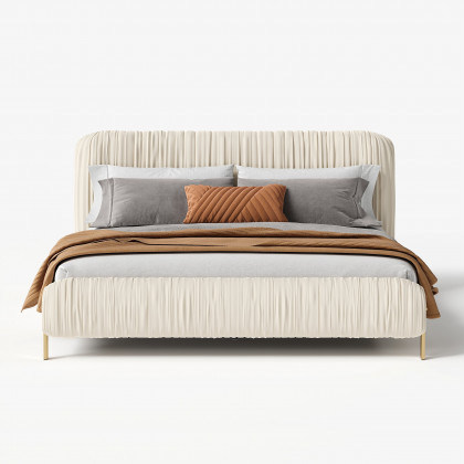 HMR - King Size Velvet Ruched Upholstered Bed Frame with Headboard & 2 Fluted Nightstands Set