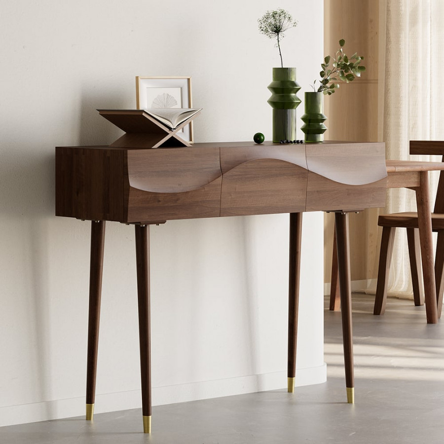 HMR - Lake Mid Century Walnut Console with 3 Drawers Solid Wood Entryway Table with Storage