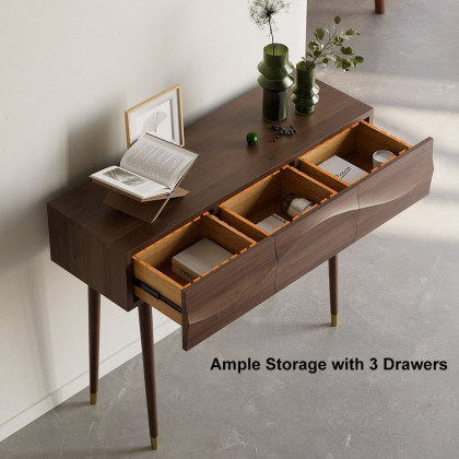 HMR - Lake Mid Century Walnut Console with 3 Drawers Solid Wood Entryway Table with Storage