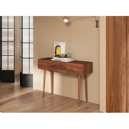 HMR - Lake Mid Century Walnut Console with 3 Drawers Solid Wood Entryway Table with Storage