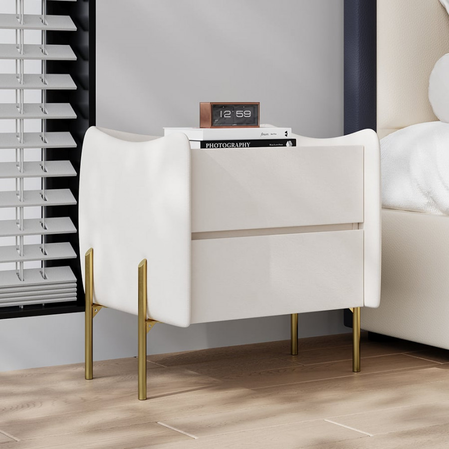 HMR - Modern White 2 Drawer Leather Nightstand Bedside Table with Glass Top