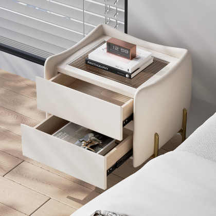 HMR - Modern White 2 Drawer Leather Nightstand Bedside Table with Glass Top