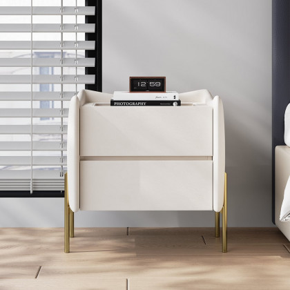 HMR - Modern White 2 Drawer Leather Nightstand Bedside Table with Glass Top