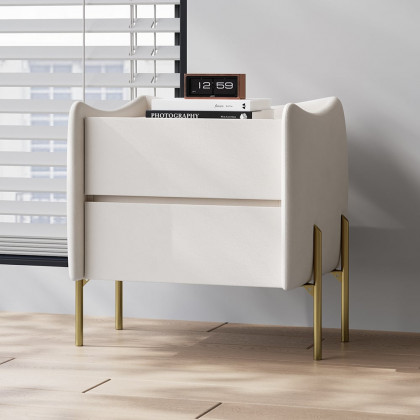 HMR - Modern White 2 Drawer Leather Nightstand Bedside Table with Glass Top