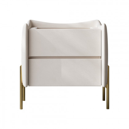 HMR - Modern White 2 Drawer Leather Nightstand Bedside Table with Glass Top