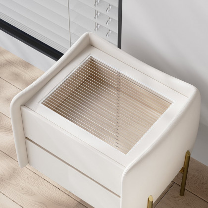 HMR - Modern White 2 Drawer Leather Nightstand Bedside Table with Glass Top