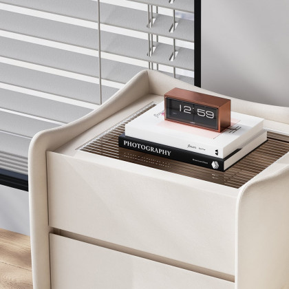 HMR - Modern White 2 Drawer Leather Nightstand Bedside Table with Glass Top