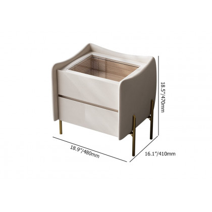 HMR - Modern White 2 Drawer Leather Nightstand Bedside Table with Glass Top