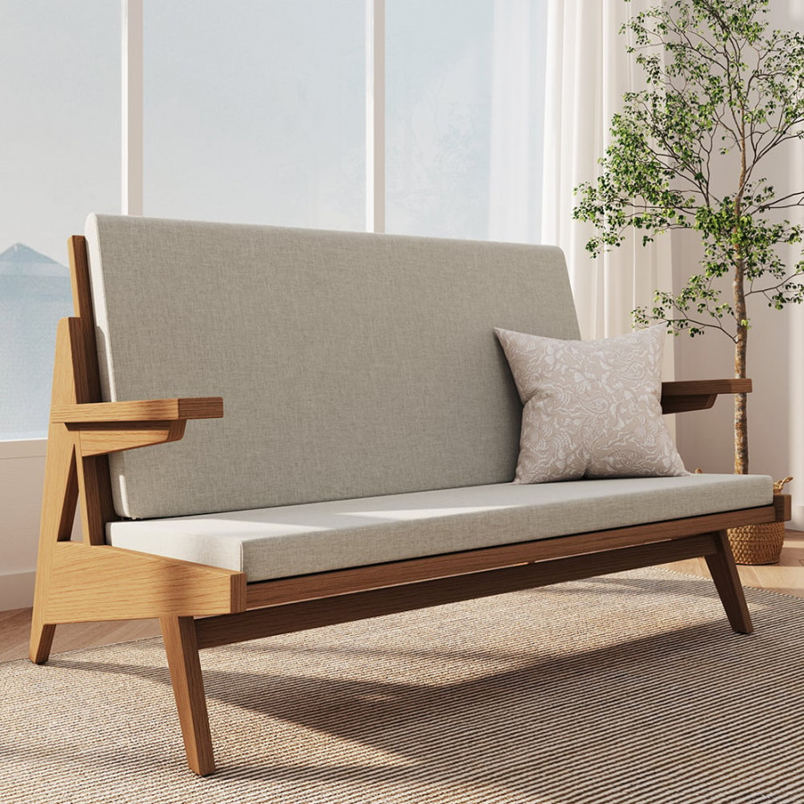 HMR - 51" Rattan 2-Seater Sofa Japandi Ash Wood Loveseat with White Cushion in Walnut