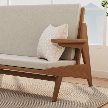 HMR - 51" Rattan 2-Seater Sofa Japandi Ash Wood Loveseat with White Cushion in Walnut