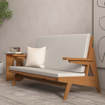 HMR - 51" Rattan 2-Seater Sofa Japandi Ash Wood Loveseat with White Cushion in Walnut