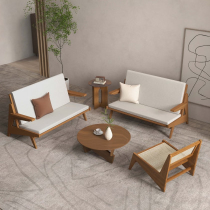 HMR - 51" Rattan 2-Seater Sofa Japandi Ash Wood Loveseat with White Cushion in Walnut