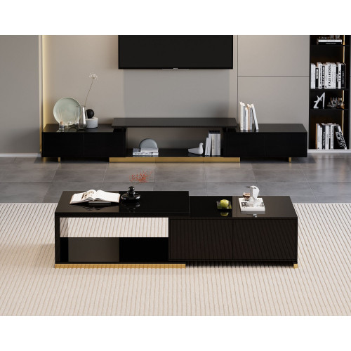 HMR Mordelle Glossy Extendable TV Stand & Coffee Table Set - Black, Style A
