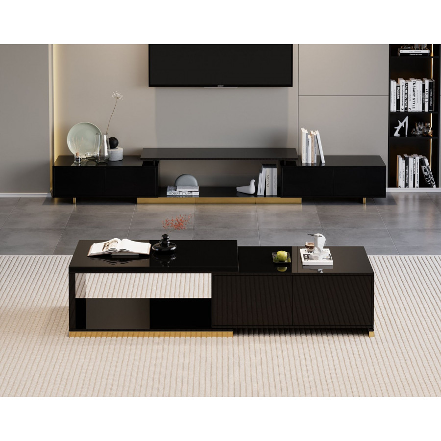 HMR Mordelle Glossy Extendable TV Stand & Coffee Table Set - Black, Style A