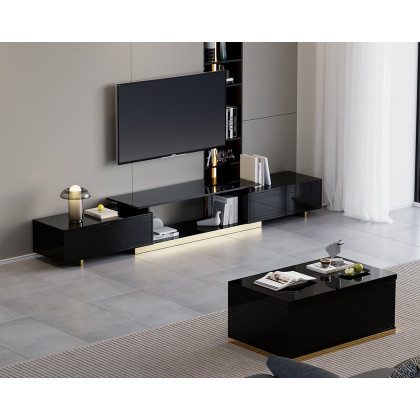 HMR Mordelle Glossy Extendable TV Stand & Coffee Table Set - Black, Style A
