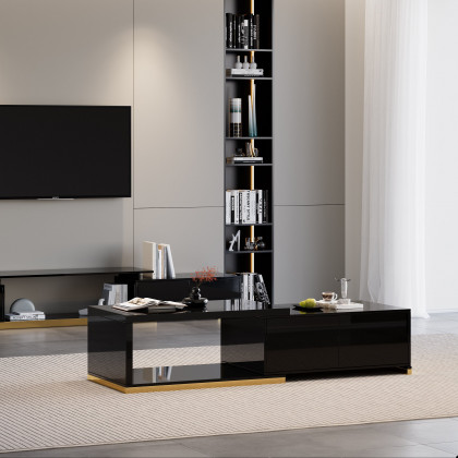 HMR Mordelle Glossy Extendable TV Stand & Coffee Table Set - Black, Style A