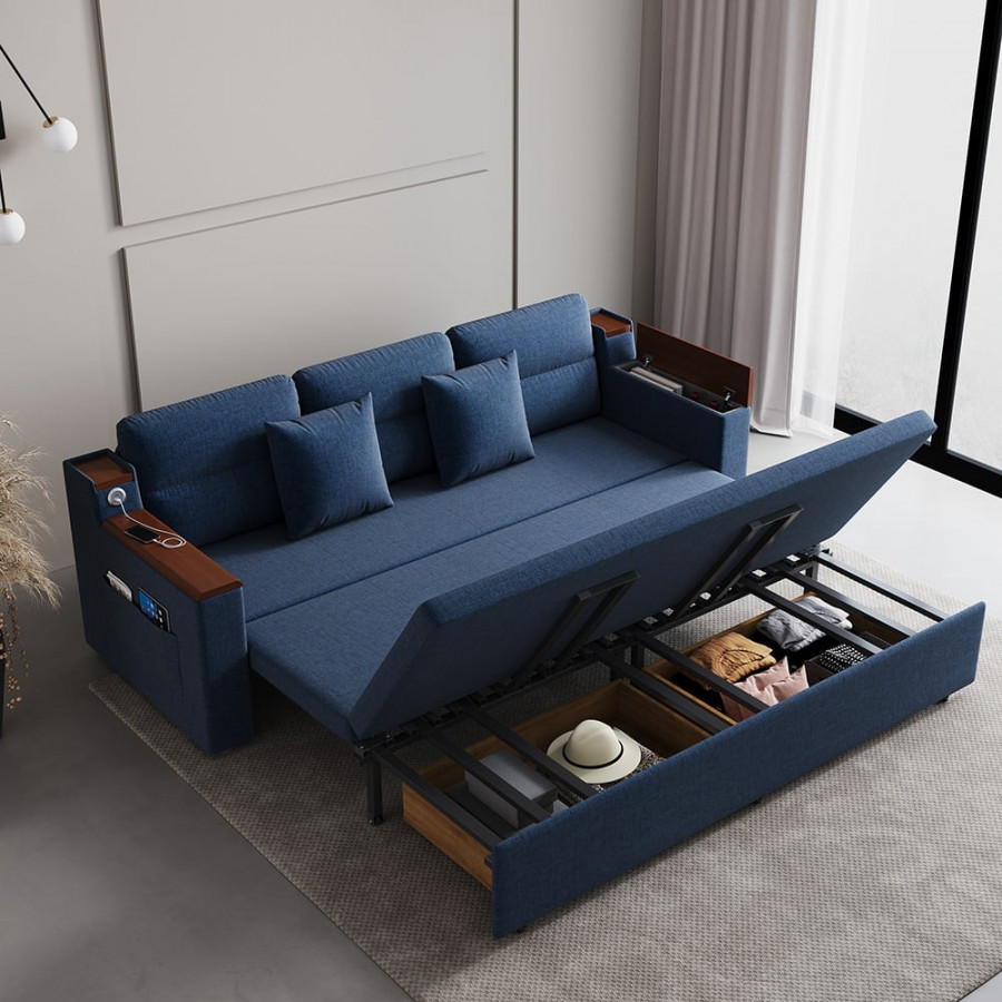 HMR 83" King 3-Seater Sleeper Sofa with Trundle & USB Port - Blue, Linen