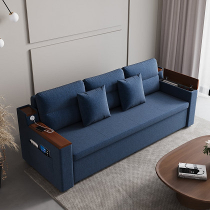 HMR 83" King 3-Seater Sleeper Sofa with Trundle & USB Port - Blue, Linen
