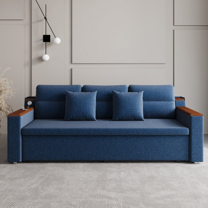 HMR 83" King 3-Seater Sleeper Sofa with Trundle & USB Port - Blue, Linen