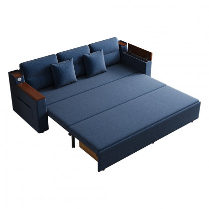 HMR 83" King 3-Seater Sleeper Sofa with Trundle & USB Port - Blue, Linen