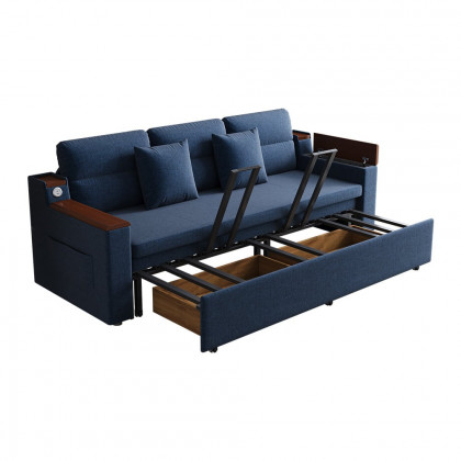 HMR 83" King 3-Seater Sleeper Sofa with Trundle & USB Port - Blue, Linen