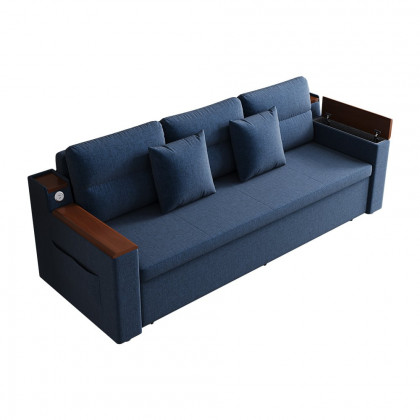 HMR 83" King 3-Seater Sleeper Sofa with Trundle & USB Port - Blue, Linen